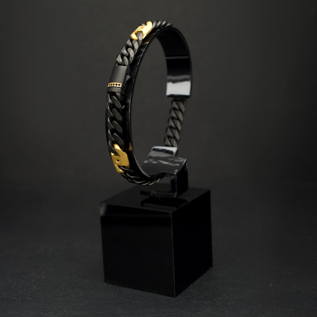 6mm Black IP Steel Matte Finish Miami Cuban Chain Bracelet with Genuine Black Sapphire Gem