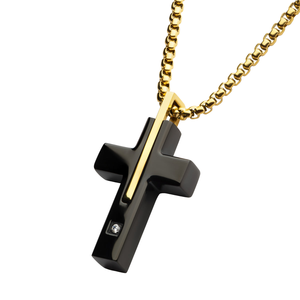 18Kt Gold IP and Black IP Steel Solitaire Accented Clear Lab-Grown Diamond Men's Cross Pendant
