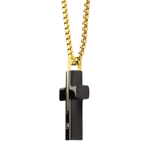 18Kt Gold IP and Black IP Steel Solitaire Accented Clear Lab-Grown Diamond Men's Cross Pendant