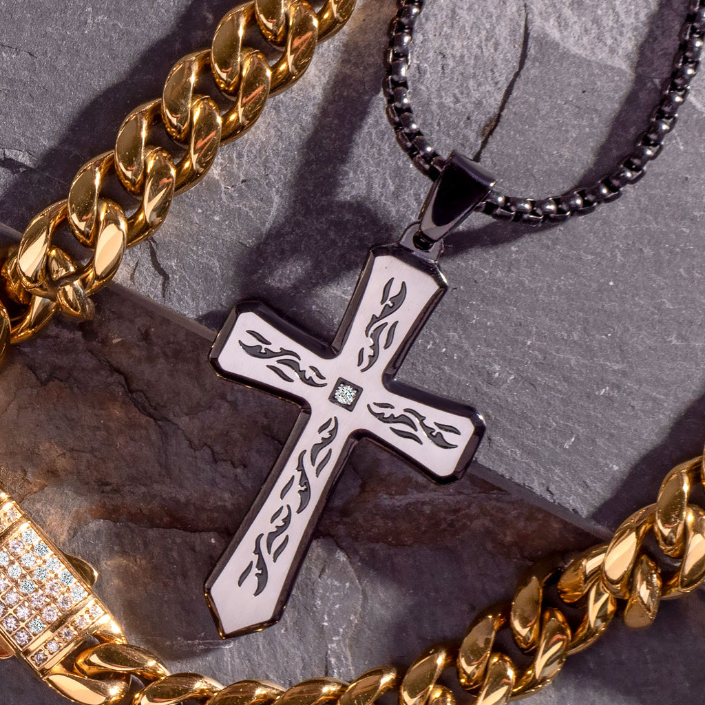 Black Lab Diamond Tribal Cross Pendant