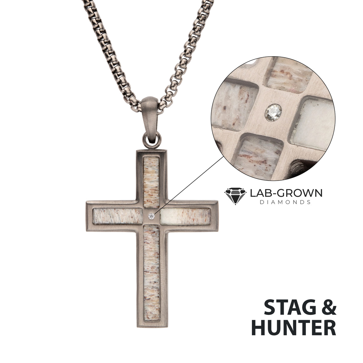 Gunmetal Lab Diamond Antler Cross Pendant