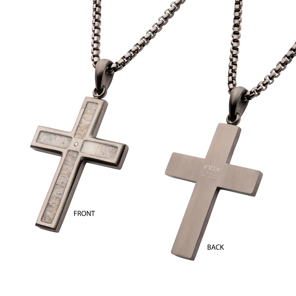 Gunmetal Lab Diamond Antler Cross Pendant