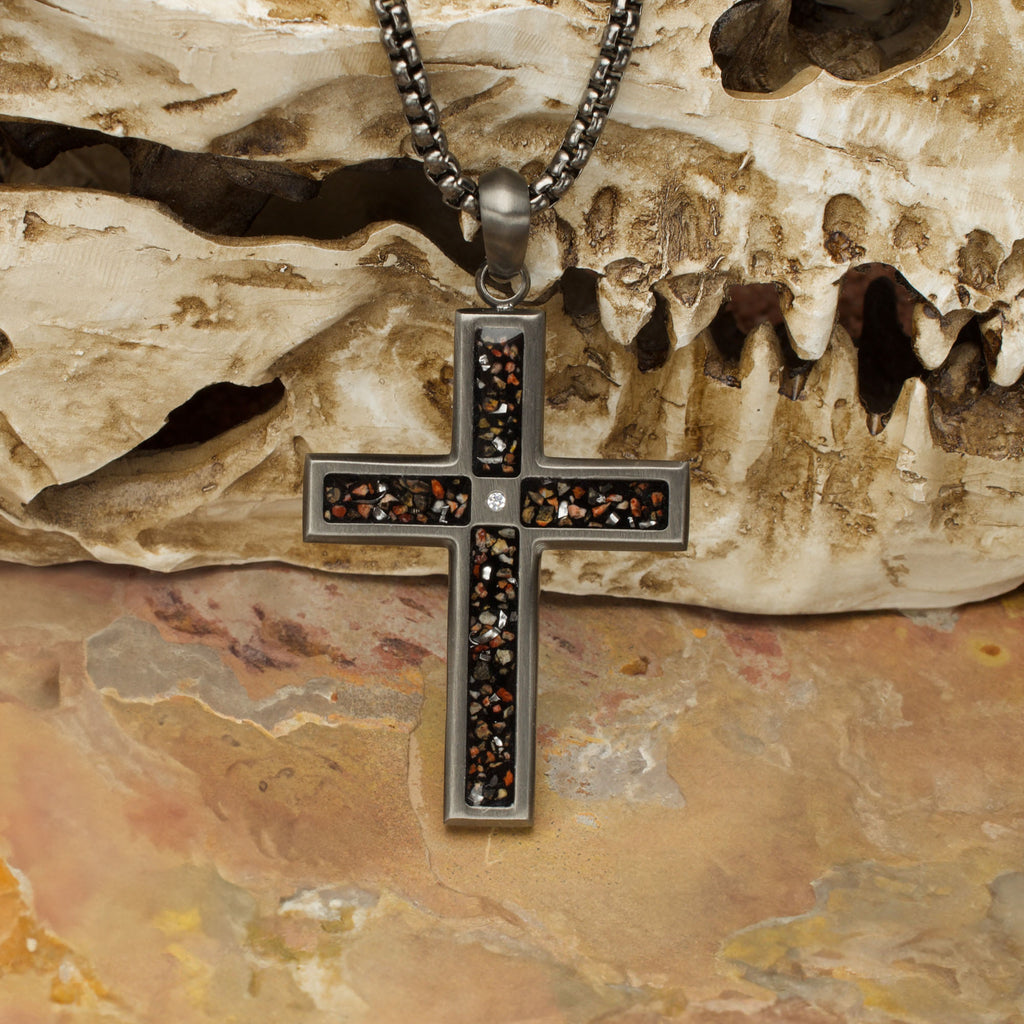 Gunmetal Lab Diamond Dino Bone Cross Pendant
