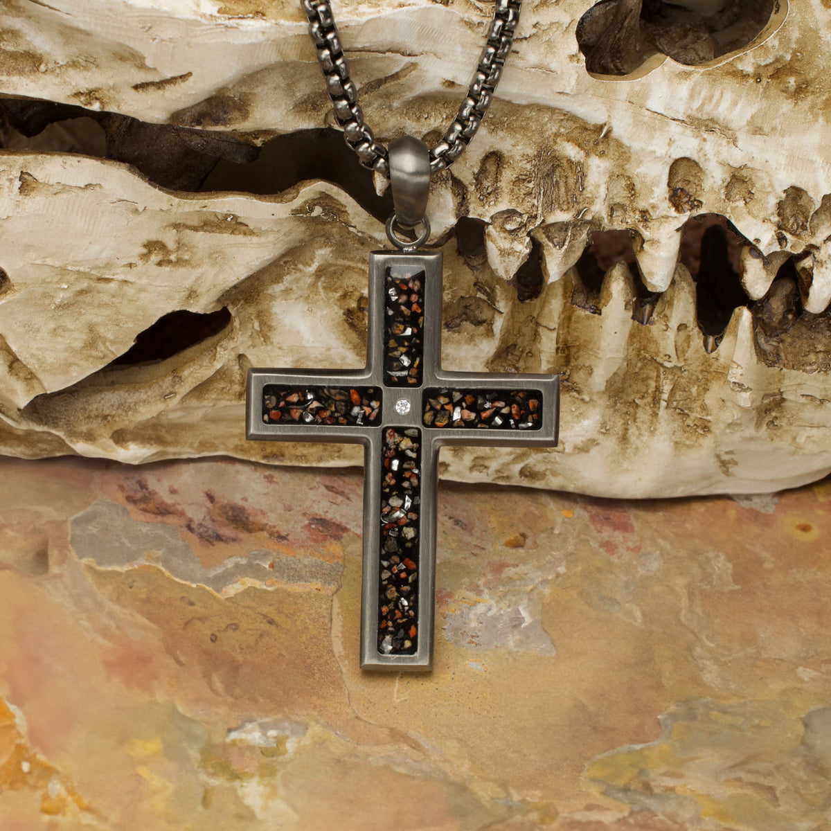 Gunmetal Lab Diamond Dino Bone Cross Pendant