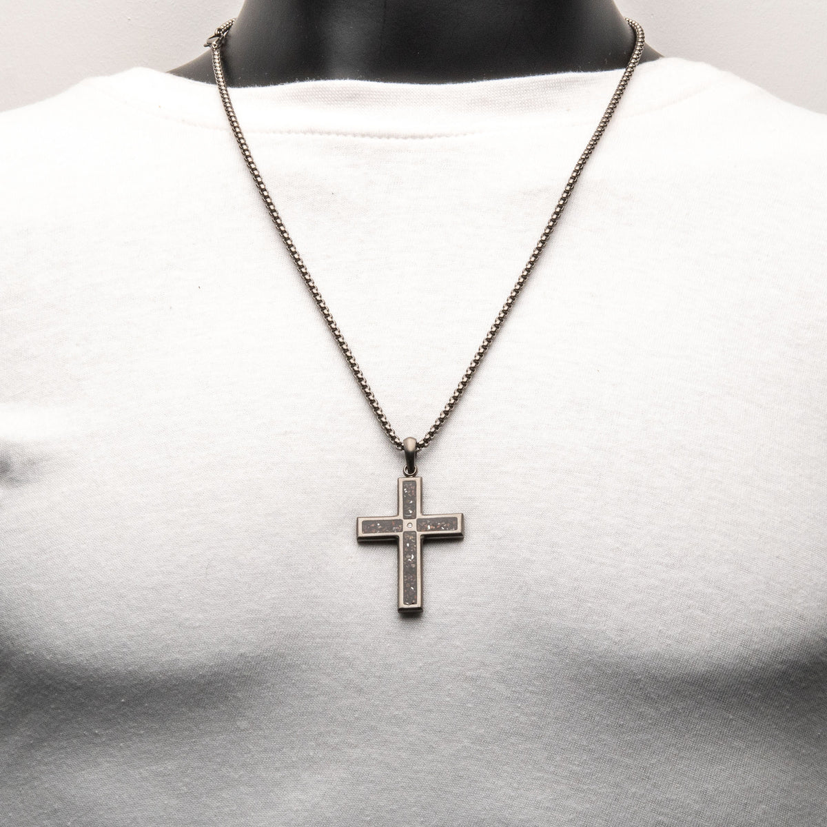 Gunmetal Lab Diamond Dino Bone Cross Pendant