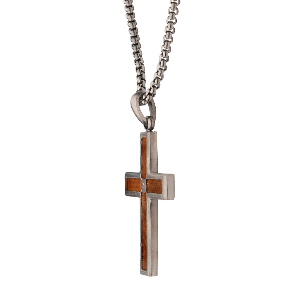 Gunmetal Lab Diamond Wood Cross Pendant