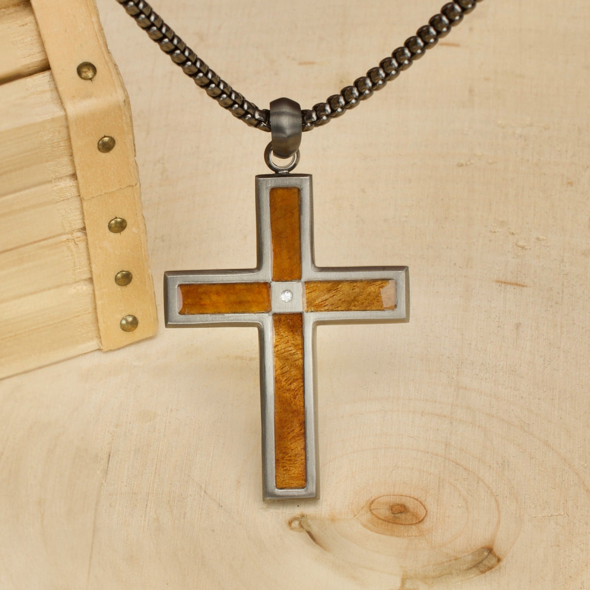 Gunmetal Lab Diamond Wood Cross Pendant
