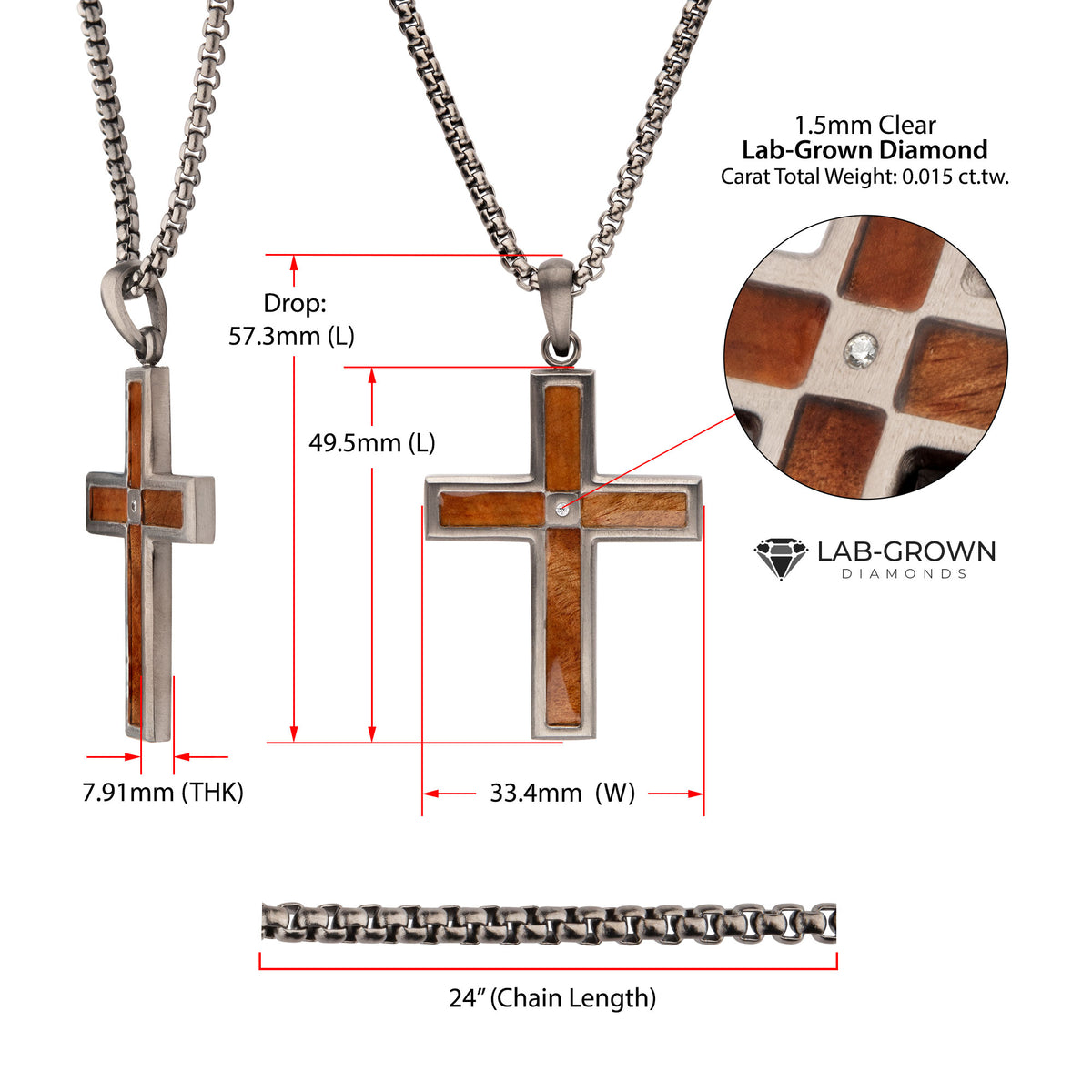 Gunmetal Lab Diamond Wood Cross Pendant