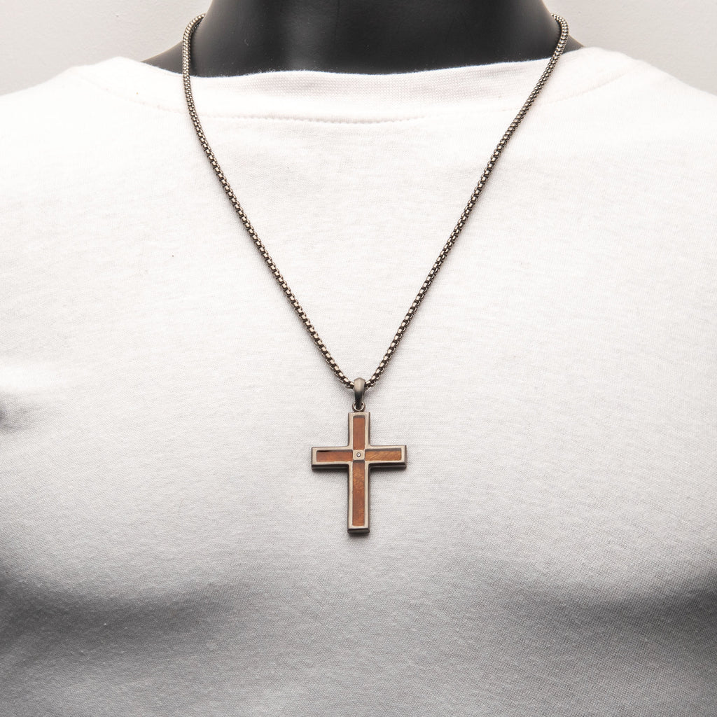 Gunmetal Lab Diamond Wood Cross Pendant