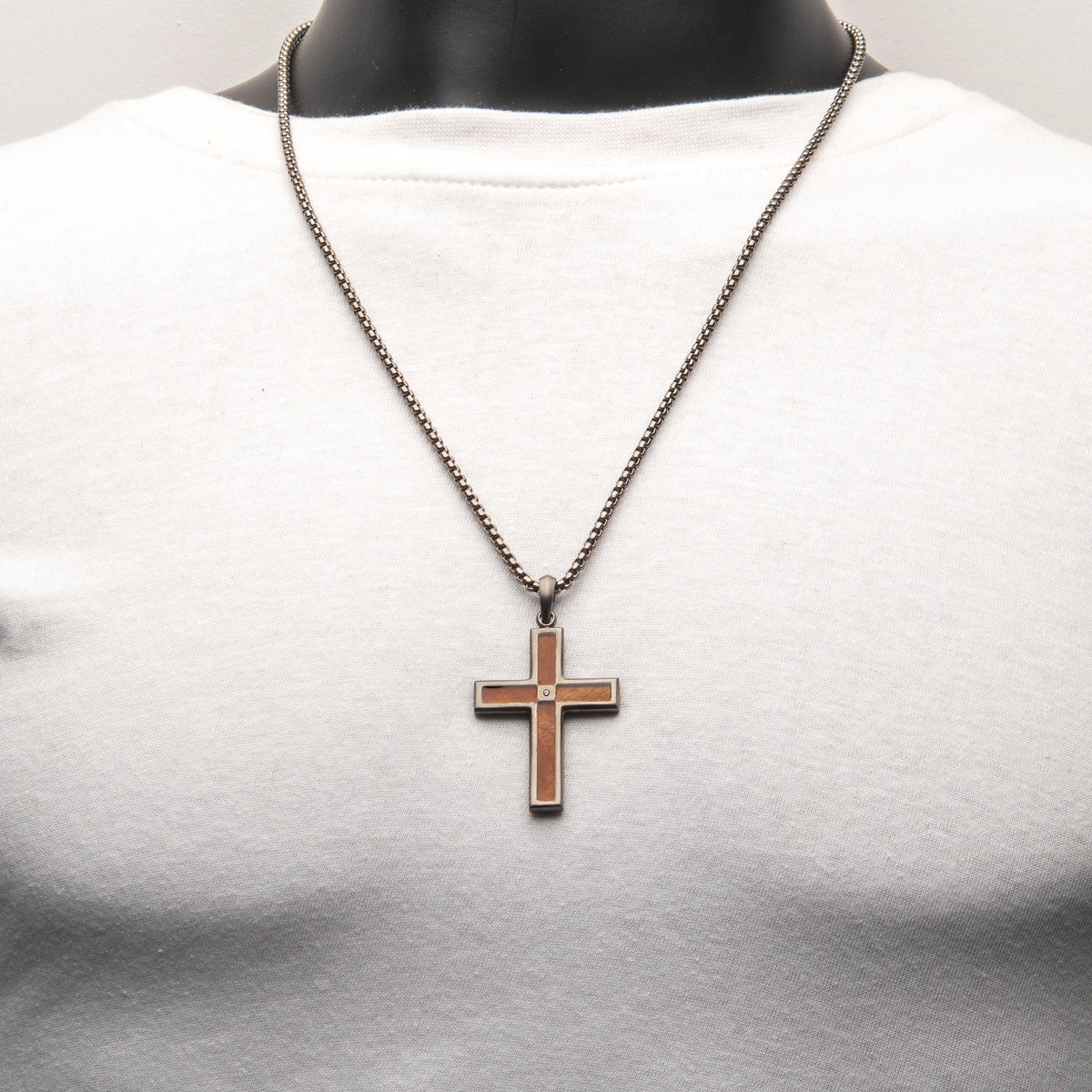 Gunmetal Lab Diamond Wood Cross Pendant