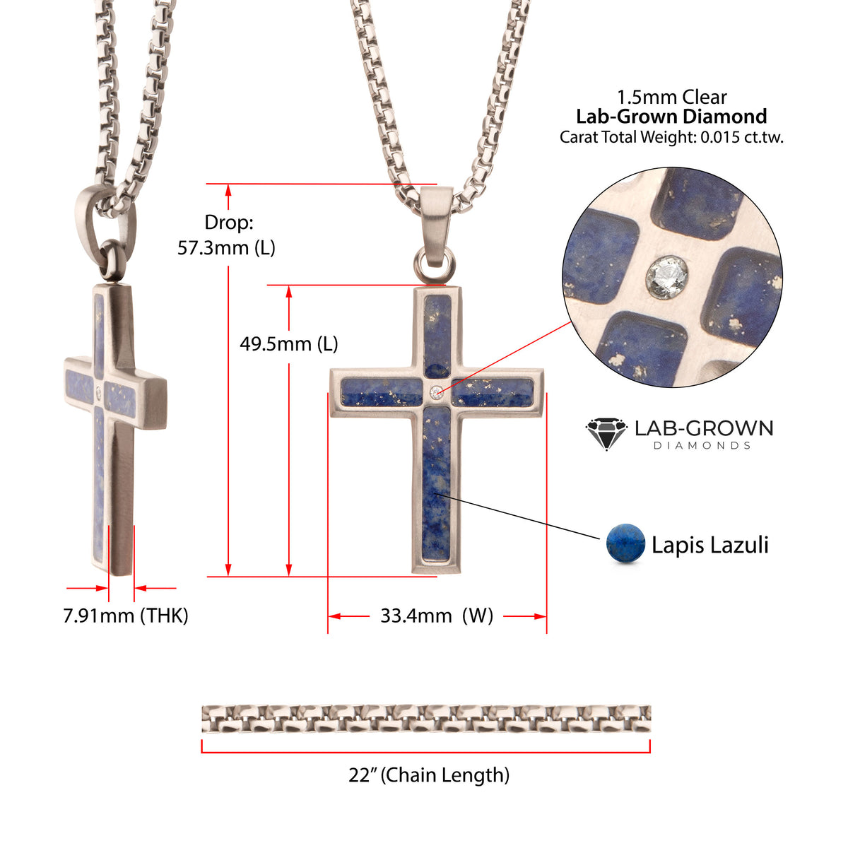 Steel Lab Diamond Lapis Cross Pendant