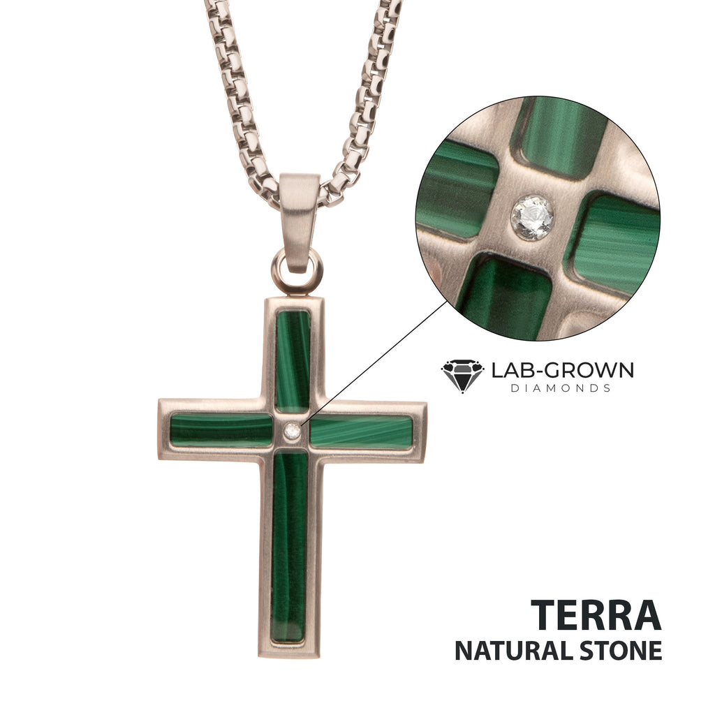 Steel Lab Diamond Malachite Cross Pendant