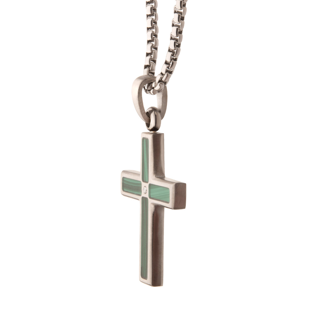 Steel Lab Diamond Malachite Cross Pendant