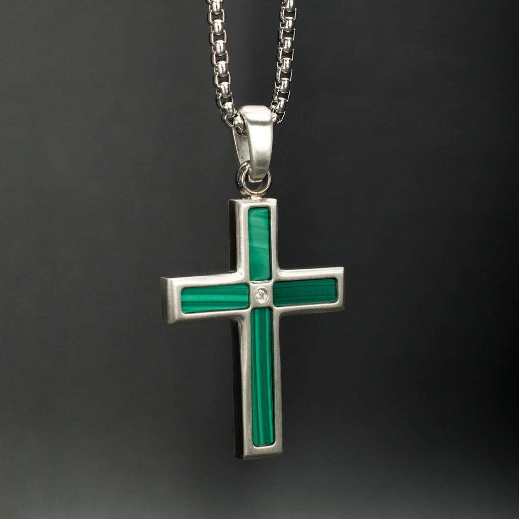 Steel Lab Diamond Malachite Cross Pendant