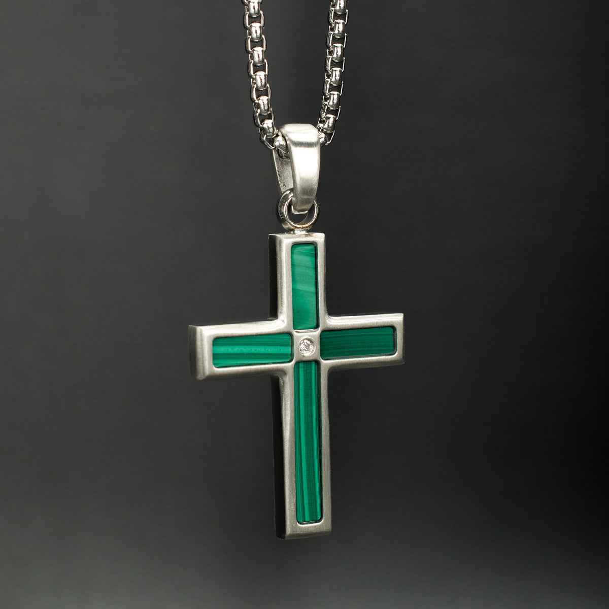 Steel Lab Diamond Malachite Cross Pendant