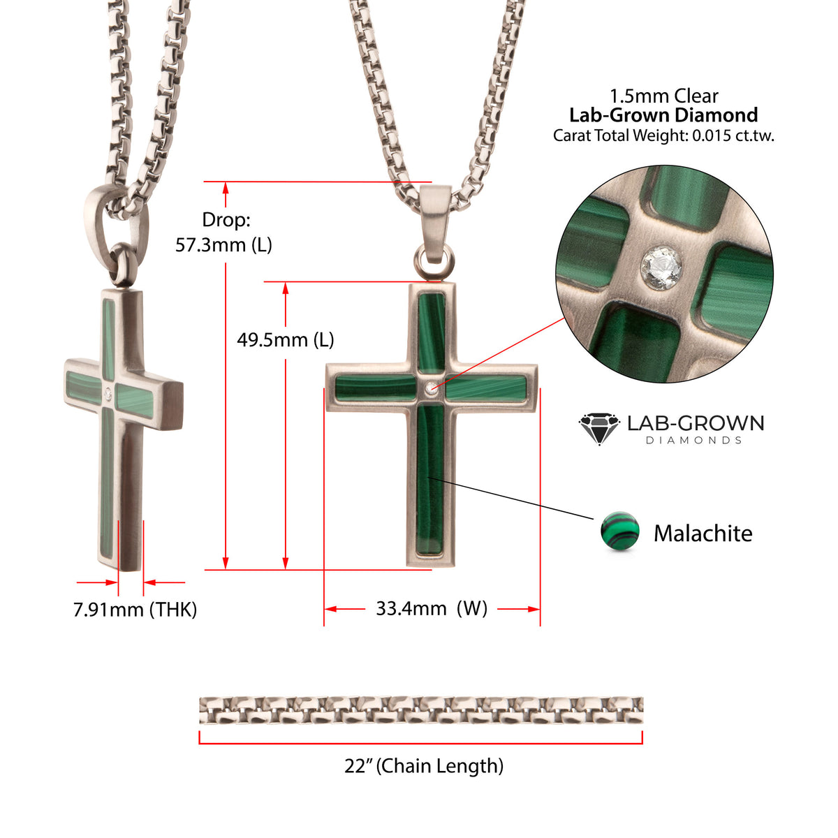 Steel Lab Diamond Malachite Cross Pendant