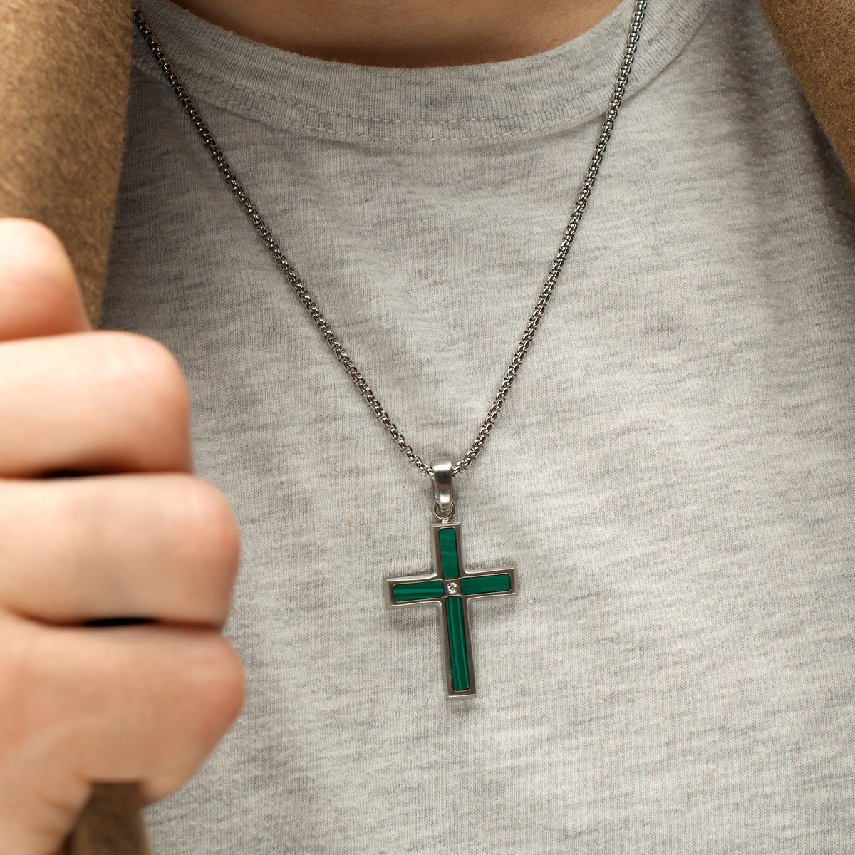 Steel Lab Diamond Malachite Cross Pendant